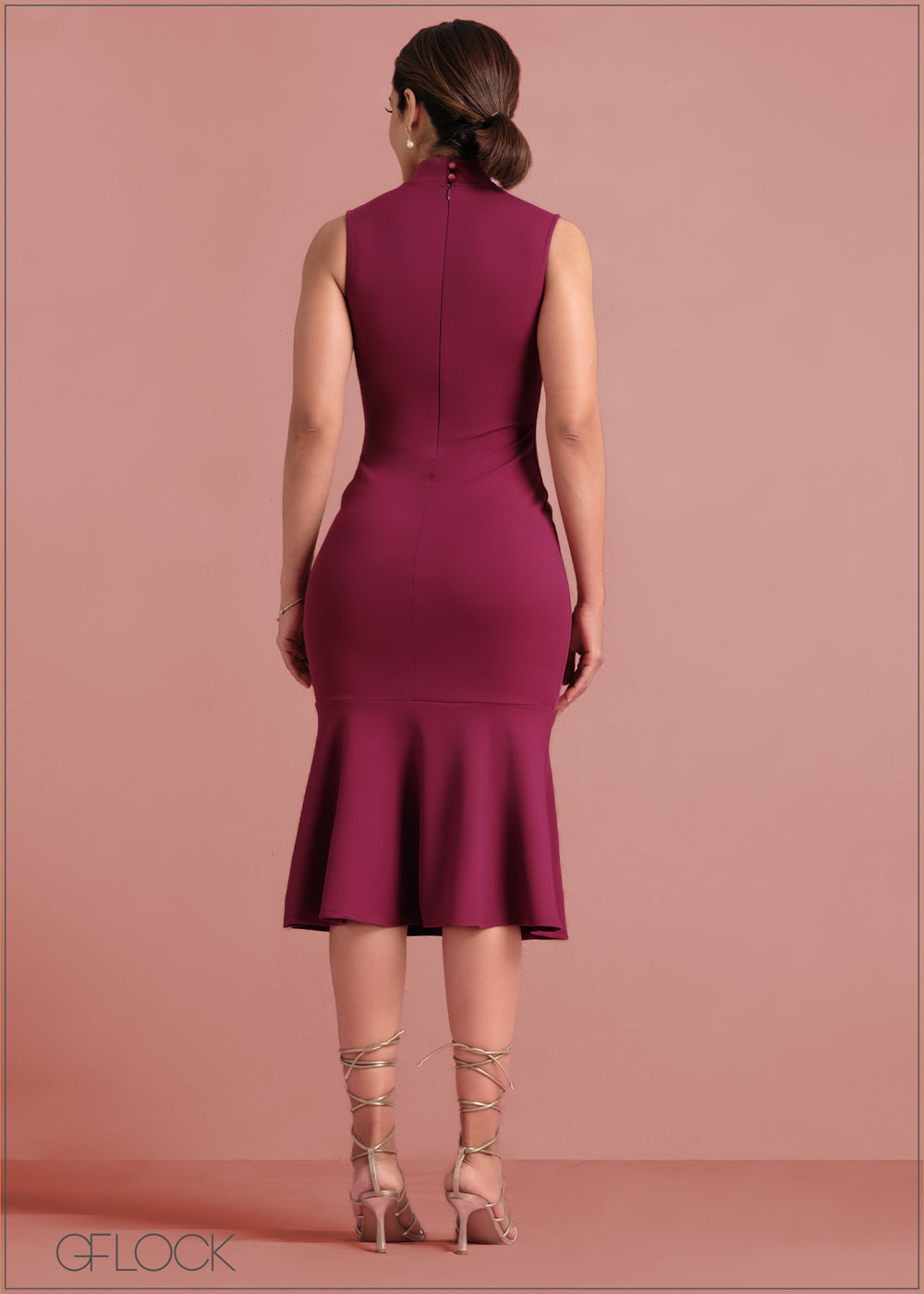 High Neck Sleeveless Fishtail Hem Dress - 190124