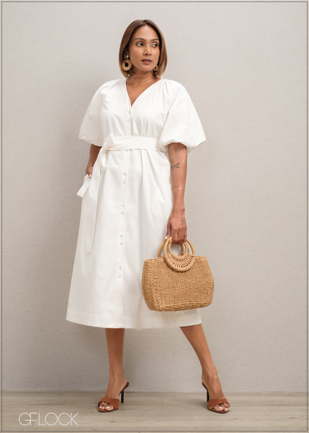 Volume Sleeve Midi Dress - 300625