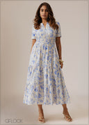 V-Neck Gathered Tiered Dress - 280926