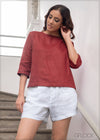 Three Quarter Sleeve Linen Top - 021023