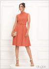 High Neck Belt Detailed Flare Dress - 290923