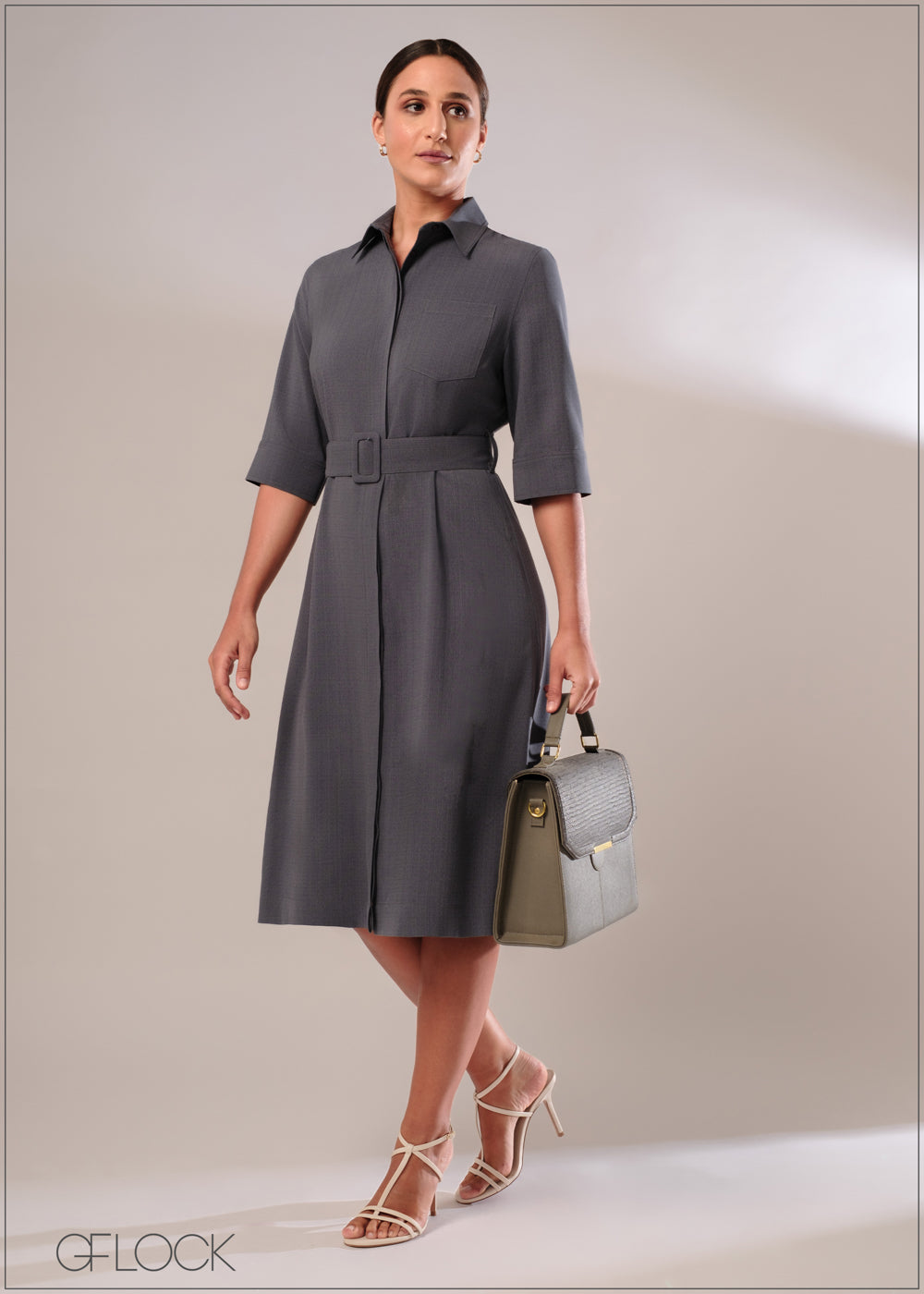 Three Quarter Sleeve Midi Shirt Dress - 120124