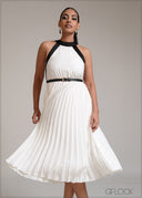 Sleeveless satin two tone pleated midi dress
