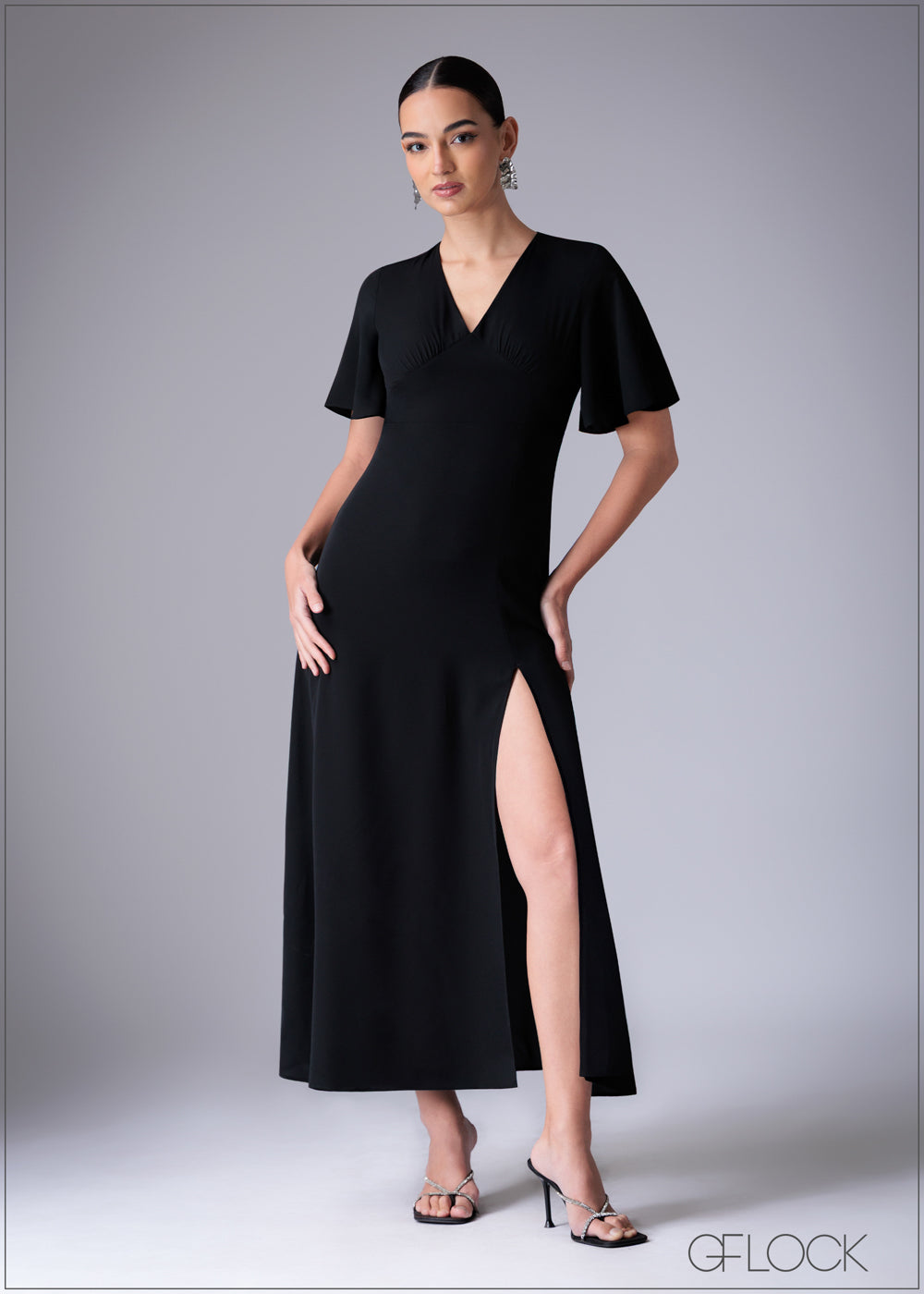 V-Neck Flutter Sleeve Maxi Dress - 110725