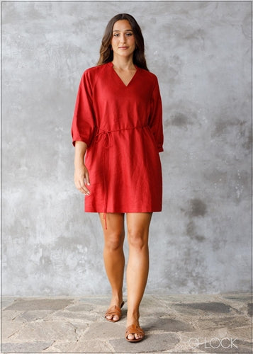 Pleated Sleeve Linen Dress - 290424