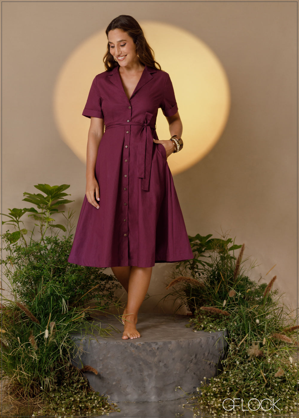 Lapel Collar Midi Dress - 251024