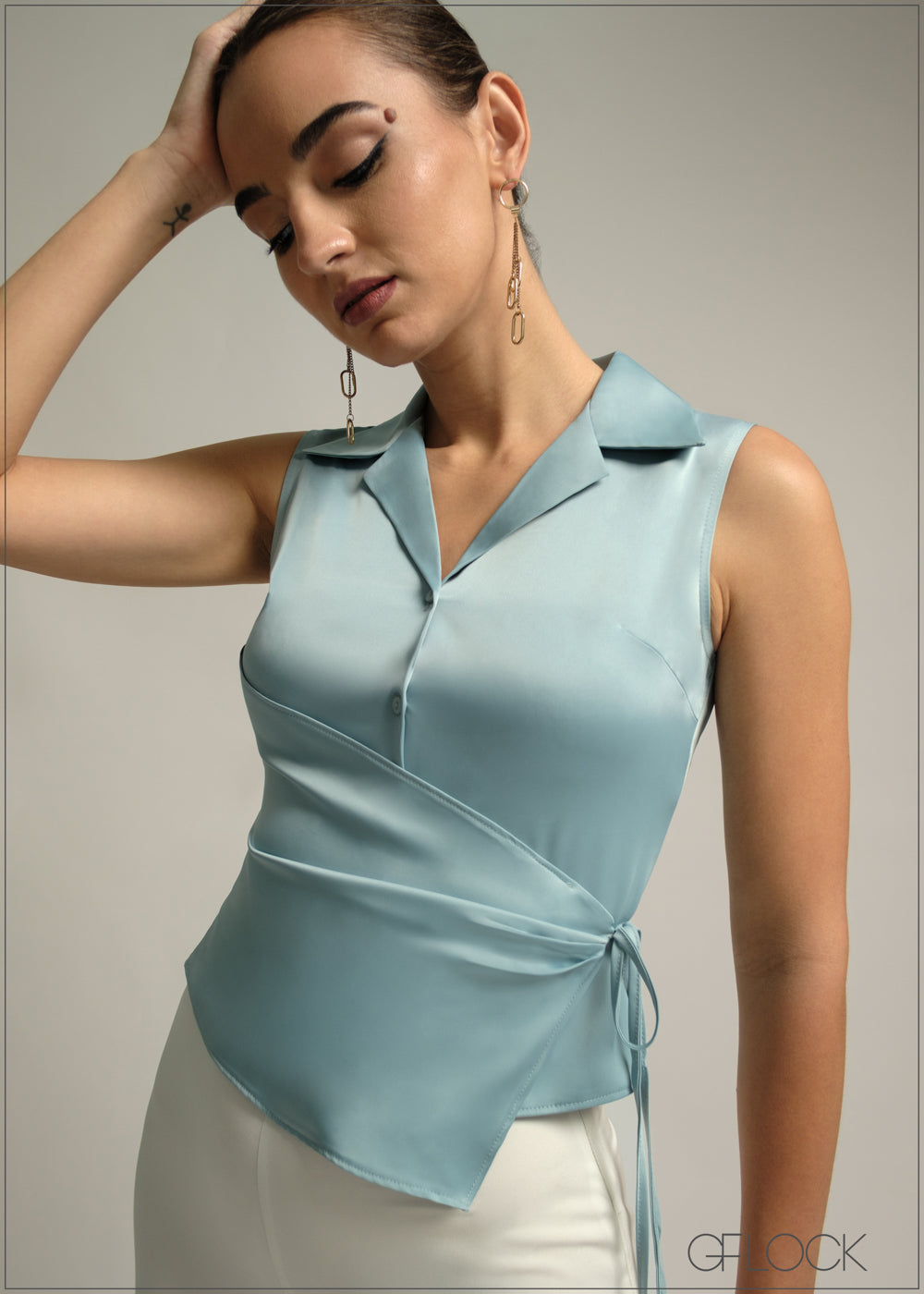 Sleeveless Half Wrap Lapel Collared Top - 220825