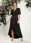 Satin Ruffled Flutter Sleeve Maxi Dress - 190724