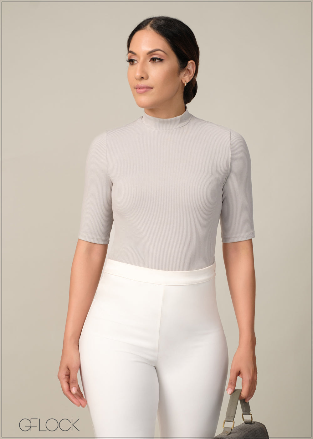 High Neck Short Sleeve Rib Top - 170424