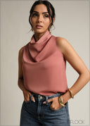 High Neck Sleeveless Cowl Top - 231026