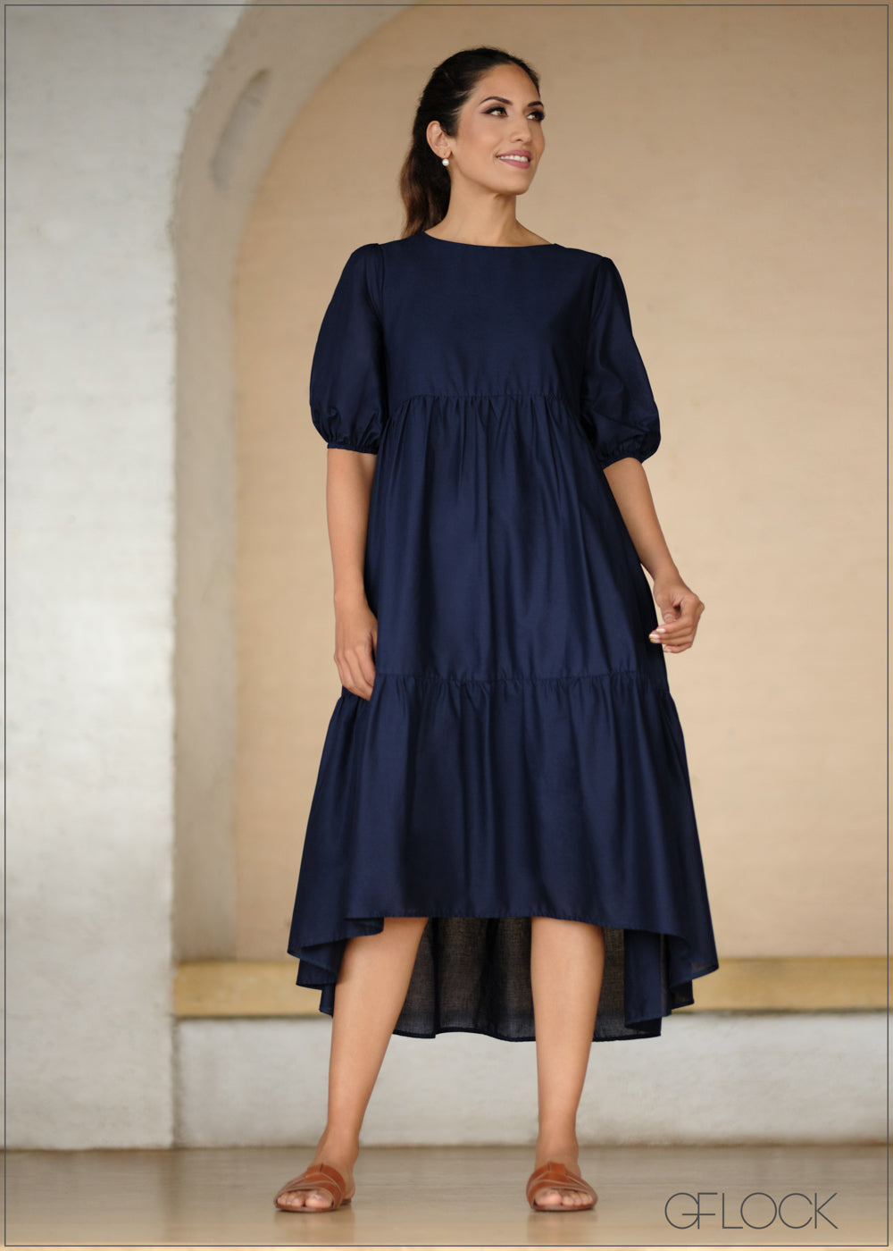 Puff Sleeve Tiered Midi Dress - 031123