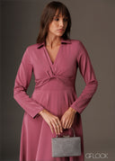 Twisted knot detailed long sleeve collared midi dress