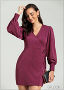 Balloon Sleeve Wrap Mini Dress - 080825