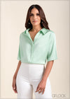 Button Down Waffle Satin Top - 221123