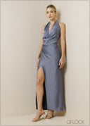 Halter Cowl Neck Pleated Detailed Maxi Dress - 091223