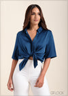 Button Down Waffle Satin Top - 221123