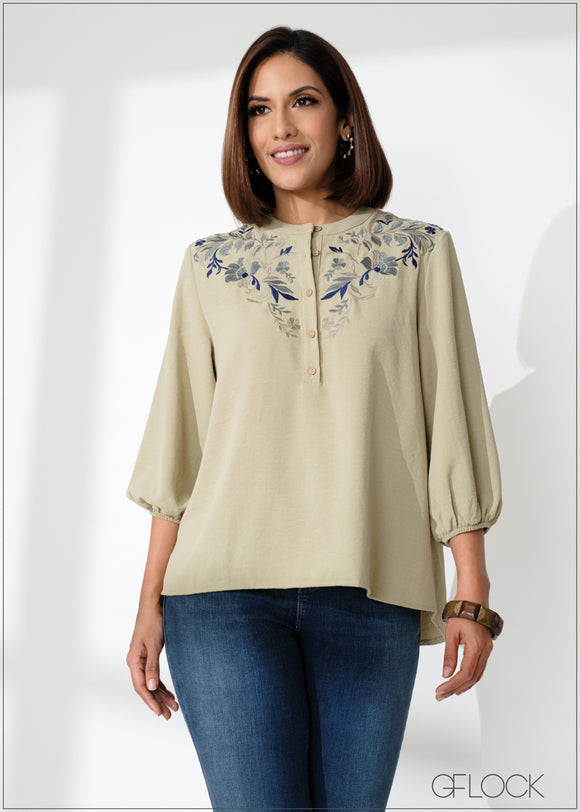 Embroidery Puff Sleeve Top - 220124