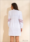 Ruffle Neck Embroidered Linen Dress - 130223