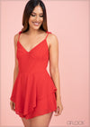 Swiss Dot Tie Front Layered Hem Cami Romper - 270223