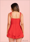 Swiss Dot Tie Front Layered Hem Cami Romper - 270223